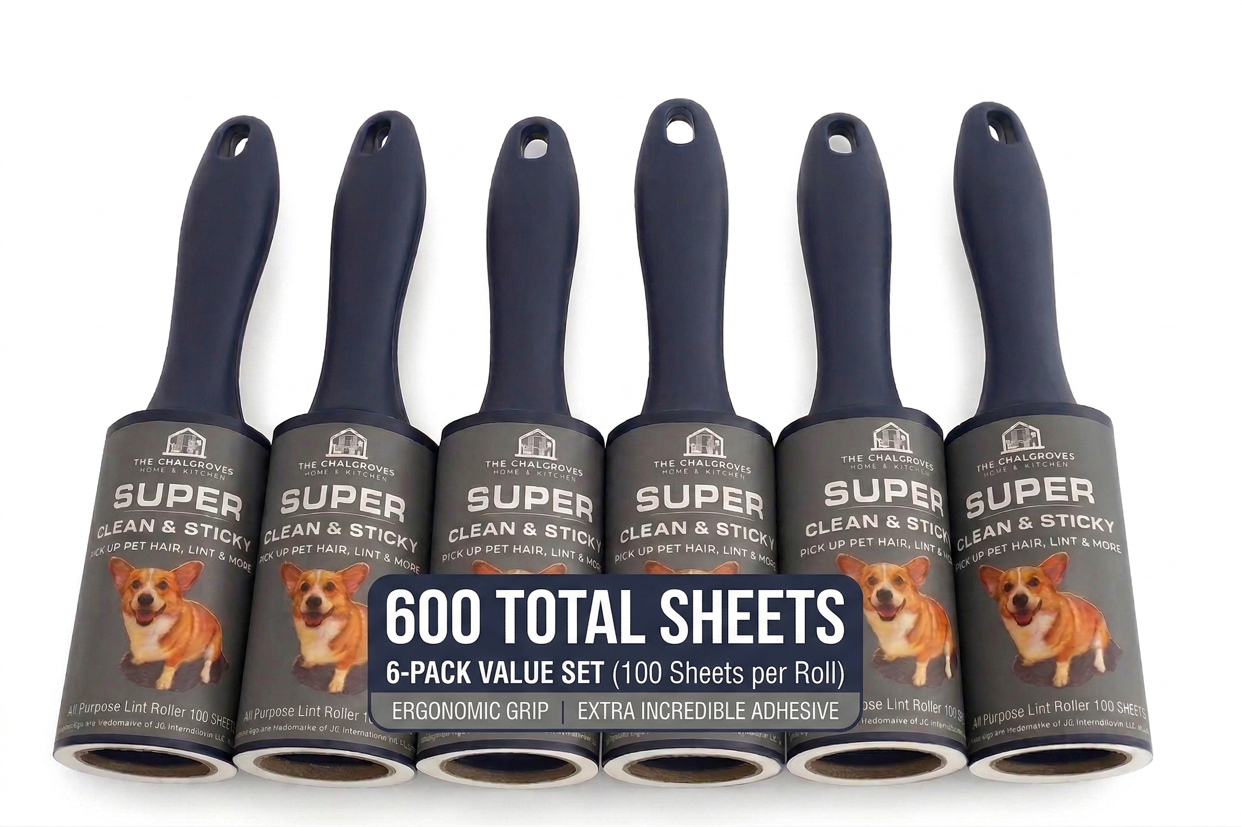 The Chalgroves Extra Sticky Lint Roller 6-Pack — 600 Sheets, Precision Straight-Cut, Ergonomic Handles — Pet Hair Remover for Clothes, Furniture & Car