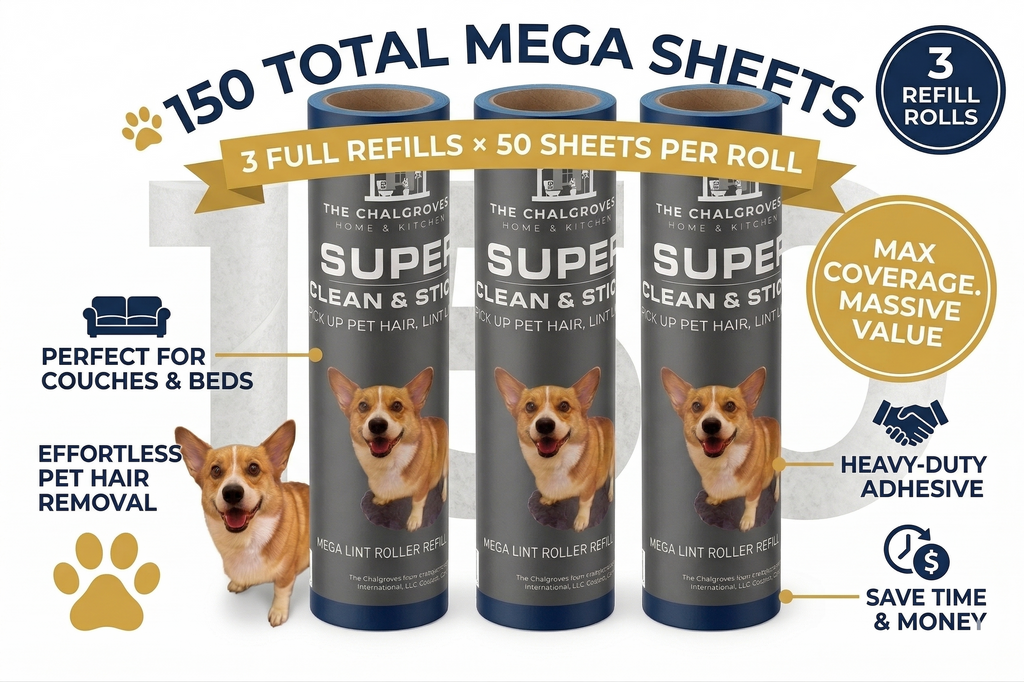 The Chalgroves – Mega Lint Roller Refills (3 Pack) | Extra Sticky, Easy Peel, Pet Hair Remover