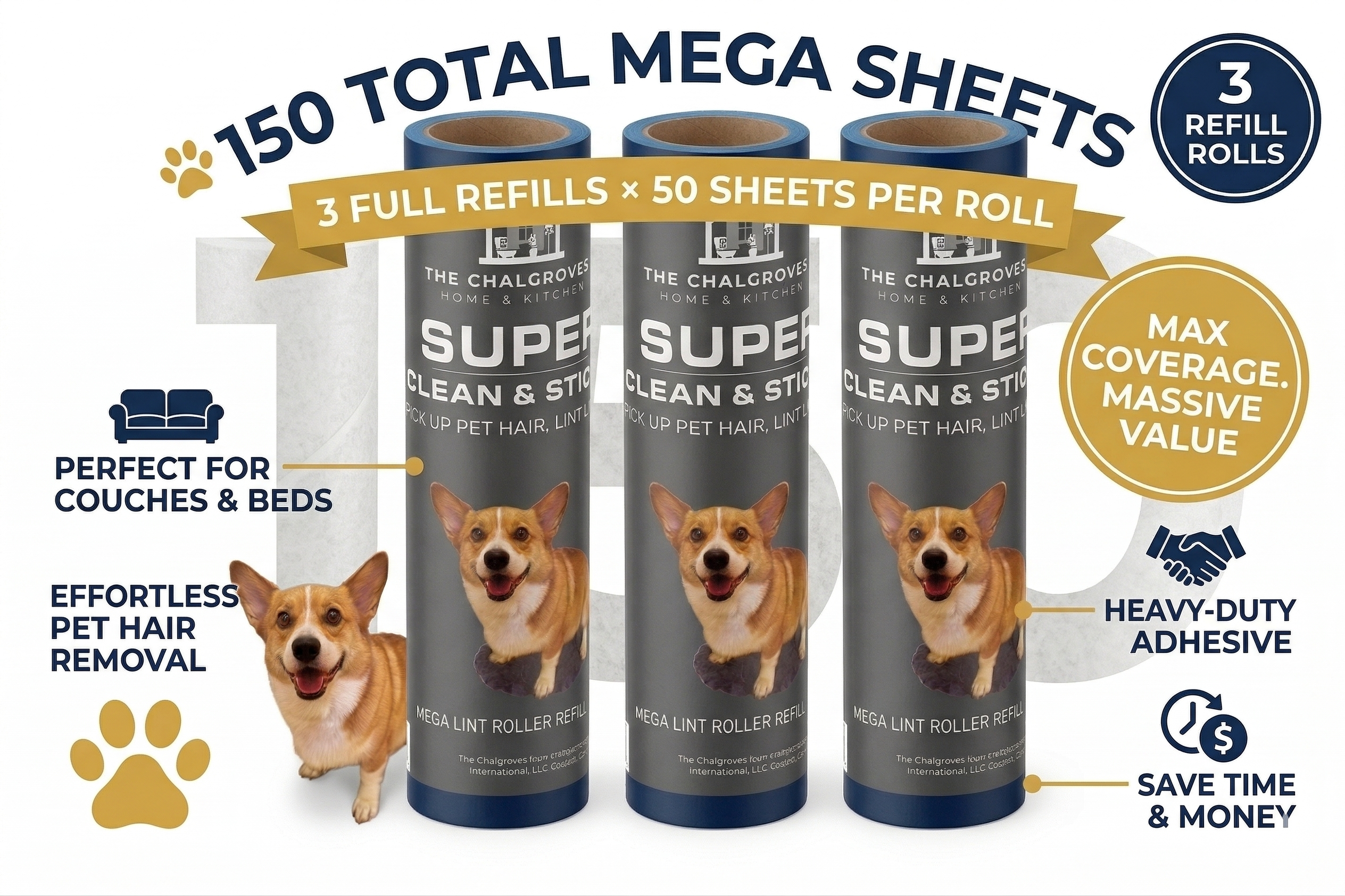The Chalgroves – Mega Lint Roller Refills (3 Pack) | Extra Sticky, Easy Peel, Pet Hair Remover